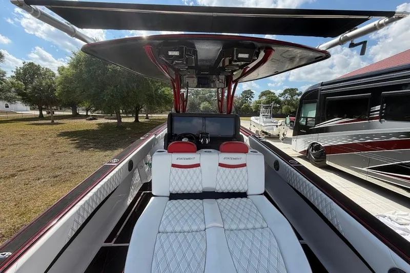  Yacht Photos Pics 2018 Statement 380 Open boat interior with luxury seating and modern dashboard.