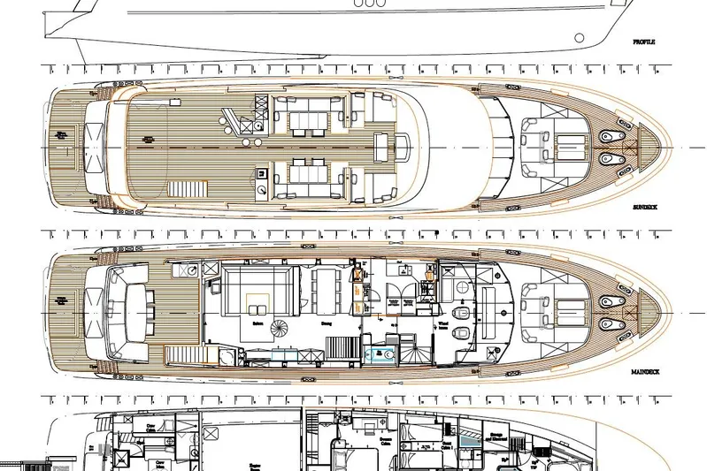 Firefly Yacht Photos Pics Blueprint of 2015 Mulder 94 yacht, showcasing profile, sundeck, and main deck layouts.