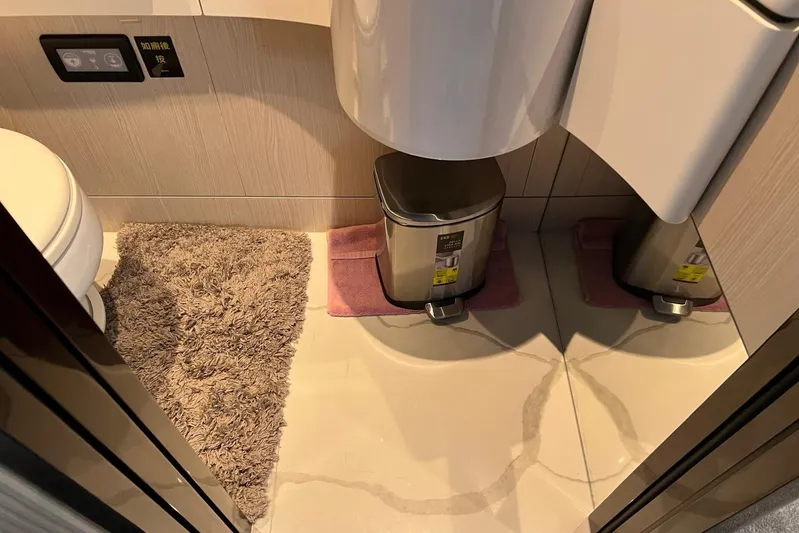  Yacht Photos Pics Bathroom interior of 2020 Azimut Grande 25M yacht with modern fixtures and decor.