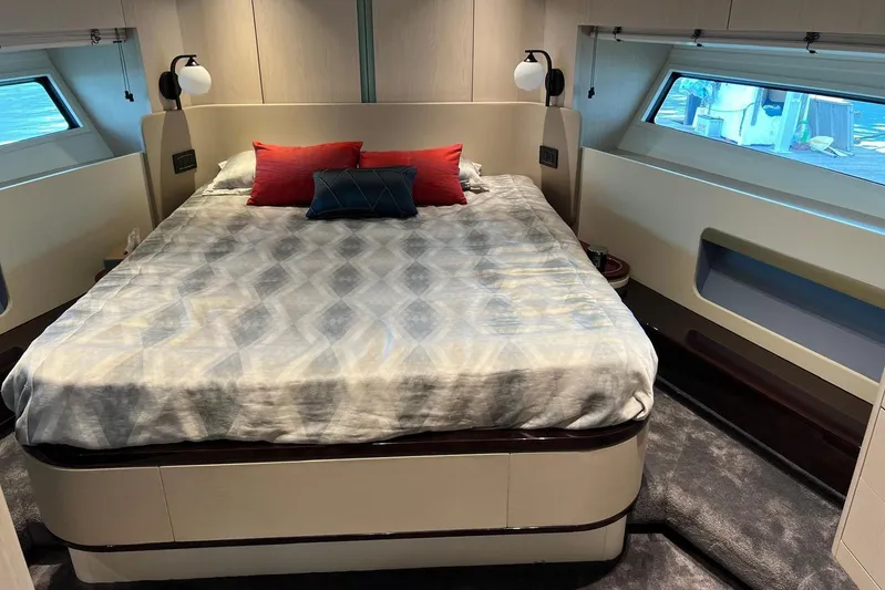  Yacht Photos Pics Luxurious bedroom interior of 2020 Azimut Grande 25M yacht with modern design.