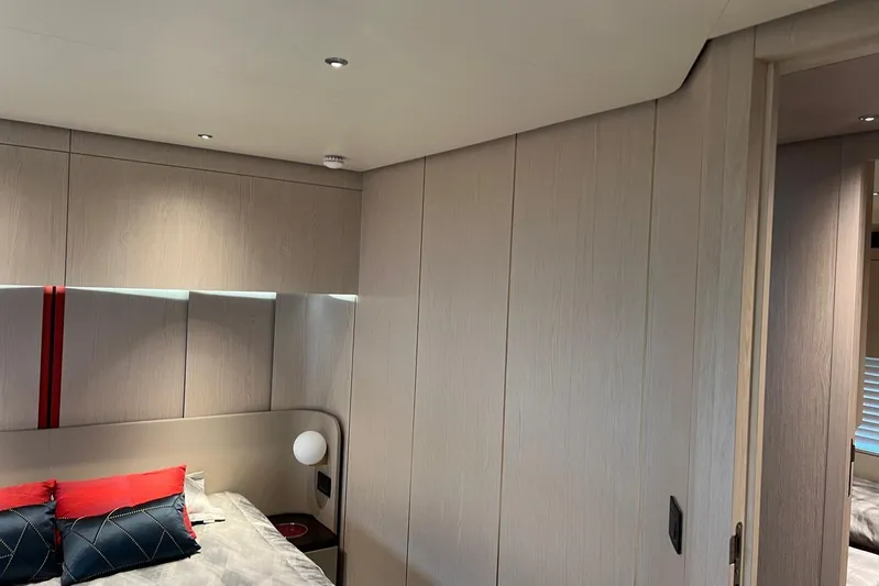  Yacht Photos Pics Luxurious bedroom interior of 2020 Azimut Grande 25M yacht with modern design.
