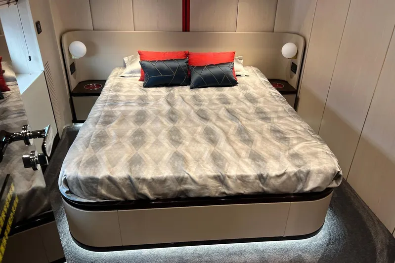  Yacht Photos Pics Luxurious bedroom interior of 2020 Azimut Grande 25M yacht with modern design.