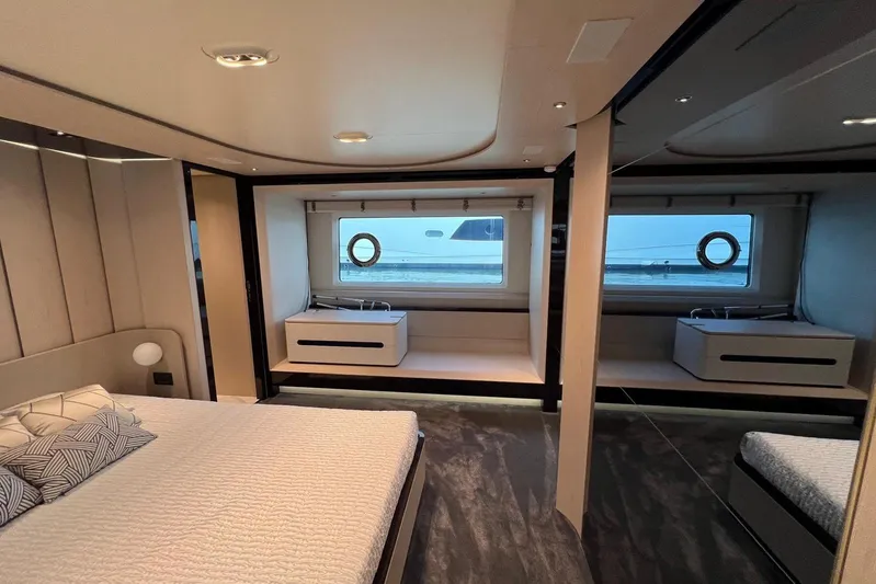  Yacht Photos Pics Luxurious interior of 2020 Azimut Grande 25M yacht with modern bedroom design.