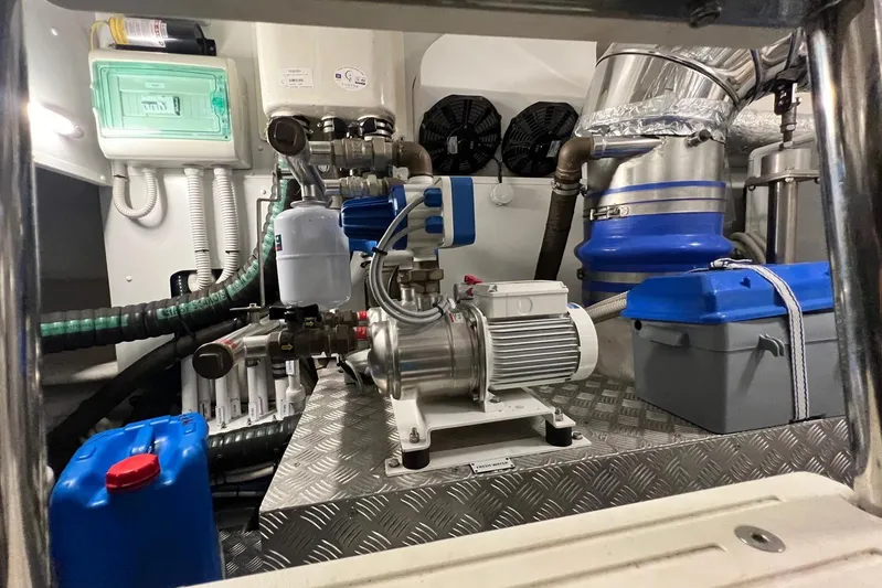  Yacht Photos Pics Engine room of 2020 Azimut Grande 25M yacht with mechanical components and equipment.