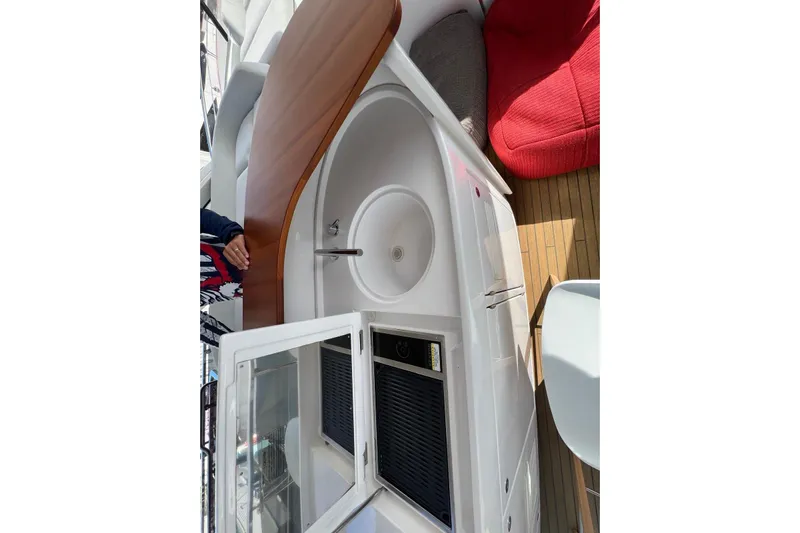  Yacht Photos Pics Luxurious Azimut Grande 25M yacht interior with sink and seating, 2020 model.