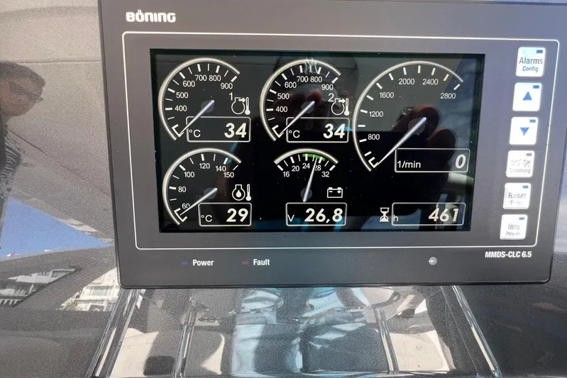  Yacht Photos Pics Control panel of a 2020 Azimut Grande 25M yacht displaying engine metrics.