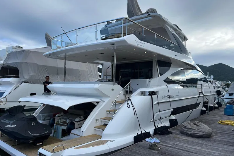  Yacht Photos Pics 2020 Azimut Grande 25M yacht docked at marina, showcasing sleek design and luxury features.