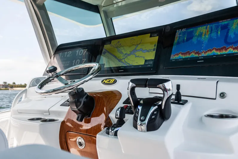 Relentless Yacht Photos Pics Cockpit of 2021 HCB 53 Sueños with advanced navigation displays and controls.