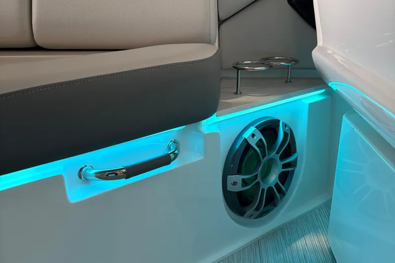  Yacht Photos Pics 2025 Searay 400 SLX interior with LED lighting, speaker, and cup holders.