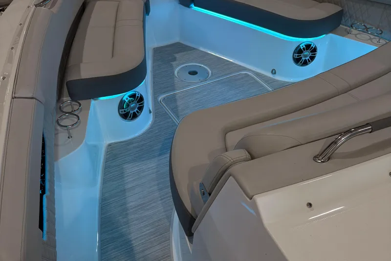  Yacht Photos Pics 2025 Searay 400 SLX boat interior with ambient lighting and luxurious seating.