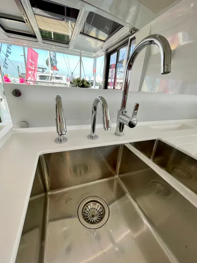 Bali 4.2 Yacht Photos Pics Stainless steel sink with modern faucets on a Bali 4.2 yacht, 2026 model.