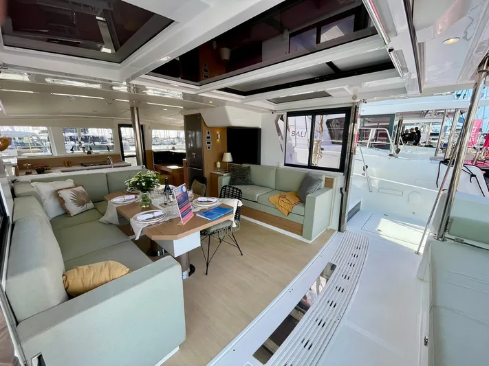Bali 4.2 Yacht Photos Pics Luxurious interior of 2026 Bali 4.2 catamaran with spacious seating and modern design.