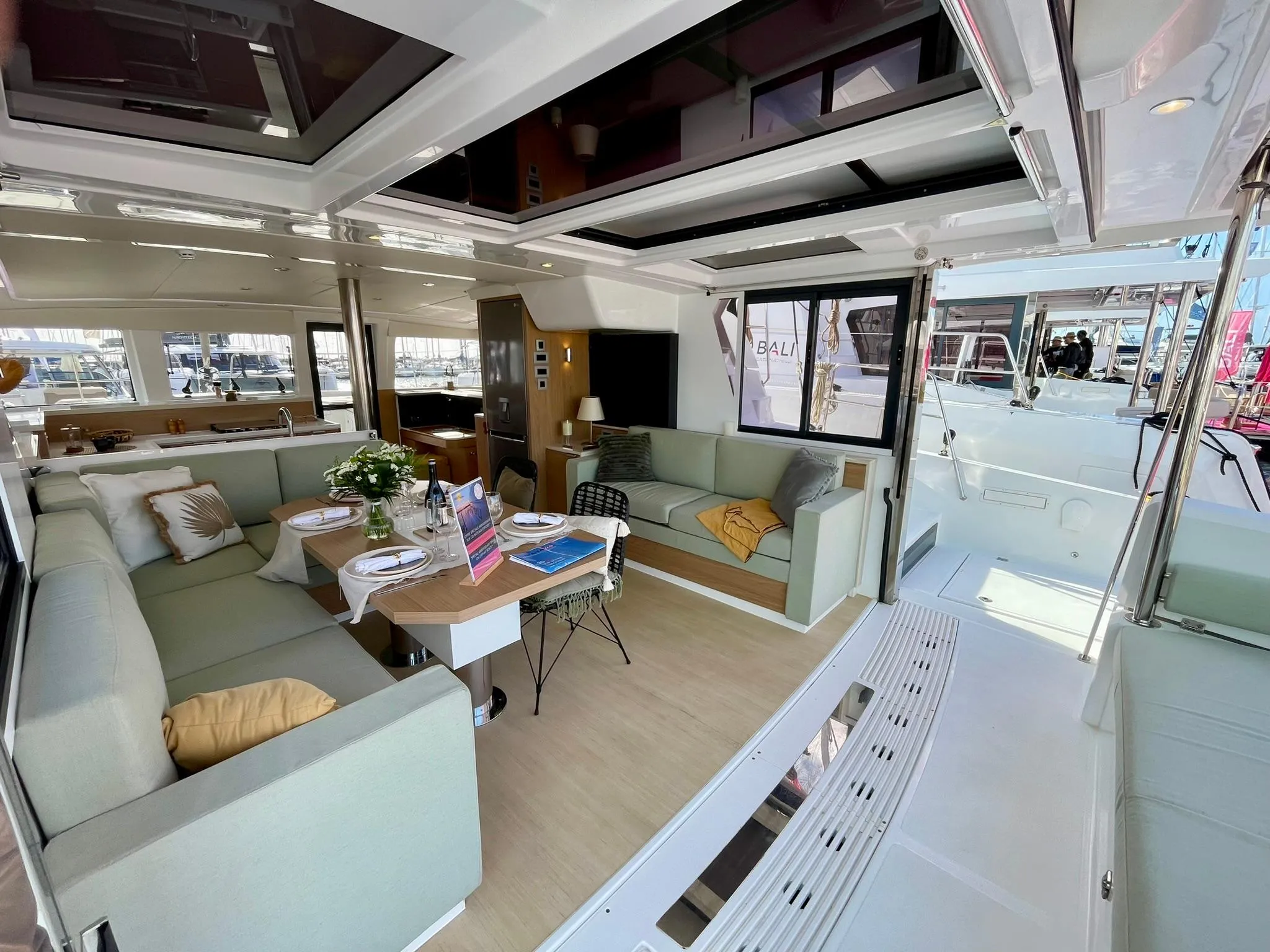 Luxurious interior of 2026 Bali 4.2 catamaran with spacious seating and modern design.