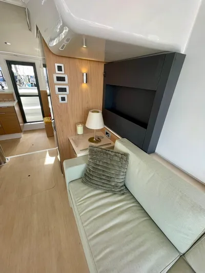 Bali 4.2 Yacht Photos Pics Modern interior of 2026 Bali 4.2 yacht with cozy seating and stylish decor.