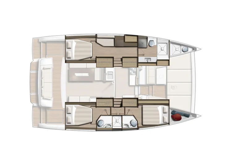 Bali 4.2 Yacht Photos Pics Floor plan of a 2026 Bali 4.2 catamaran, featuring cabins and living areas.