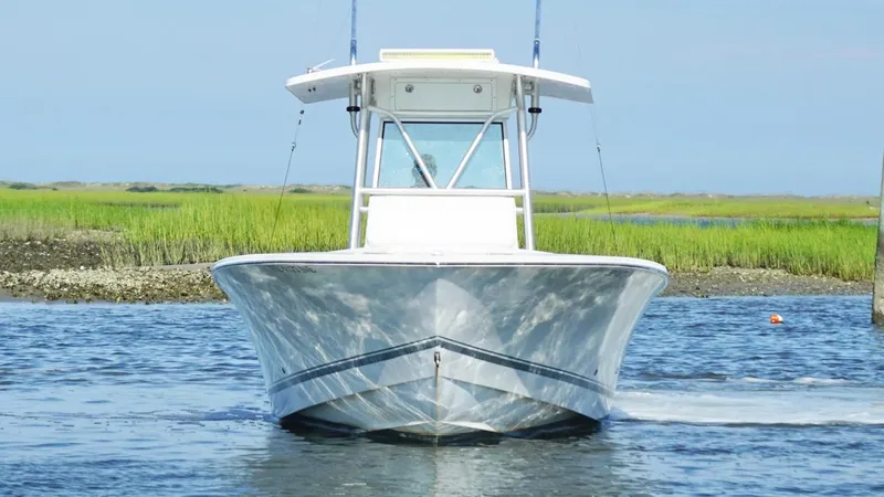  Yacht Photos Pics 2006 Regulator 32 FS boat on water, front view with grassy shoreline background.