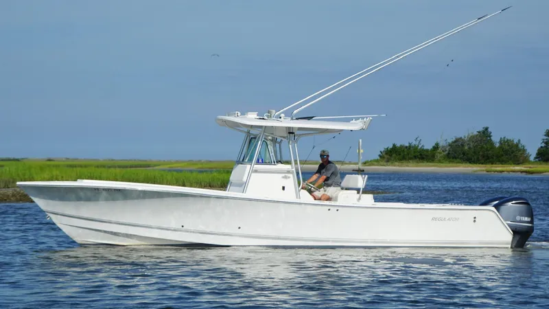  Yacht Photos Pics 2006 Regulator 32 FS boat cruising on calm water with scenic background.