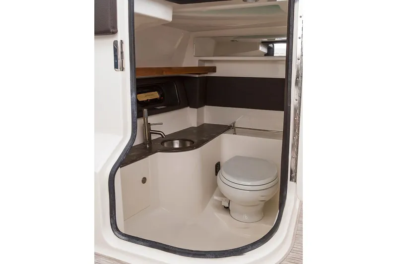 Dock's Knott Inn II Yacht Photos Pics Manufacturer Provided Image: 2018 Sea Ray SLX 350 OB boat interior bathroom with sink and toilet.