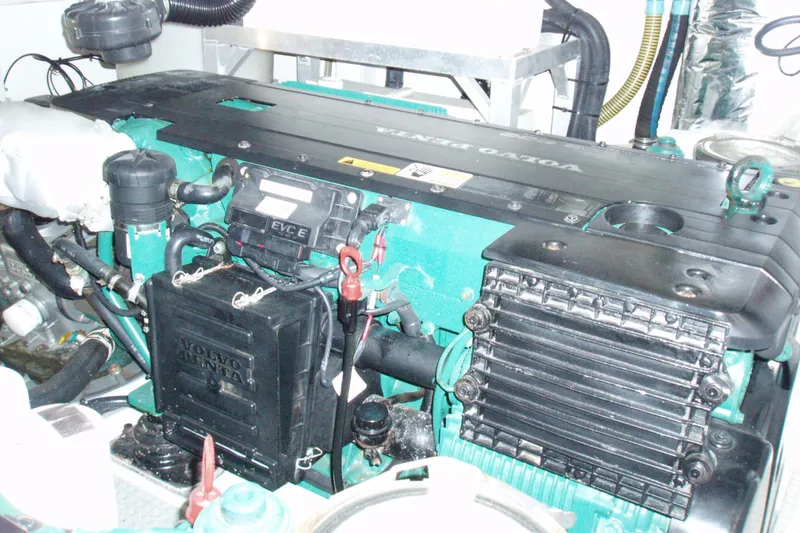 Off Season Yacht Photos Pics Engine compartment of a 2015 Princess V48 yacht featuring a Volvo Penta engine.