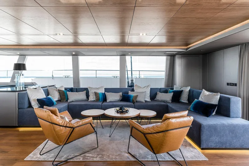  Yacht Photos Pics Luxurious interior of 2026 Sunreef 80 yacht with modern seating and elegant decor.