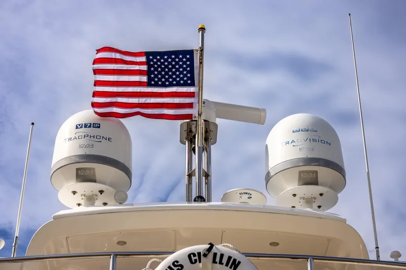 “just Chillin” Yacht Photos Pics Azimut 54 Flybridge 2014 yacht with American flag and satellite equipment.