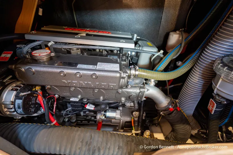 Shatzi Yacht Photos Pics Engine compartment of 2022 Jeanneau Sun Odyssey 410 sailboat with Yanmar engine.