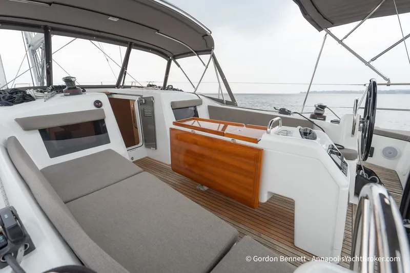 Shatzi Yacht Photos Pics 2022 Jeanneau Sun Odyssey 410 cockpit with modern design and comfortable seating.