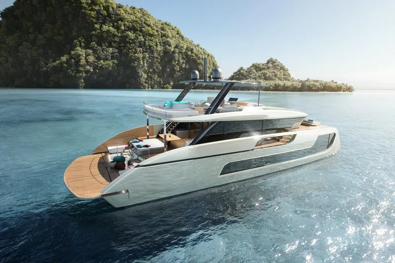  Yacht Photos Pics 2026 Sunreef Ultima 77 luxury yacht cruising in tropical waters near lush islands.