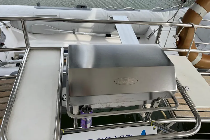  Yacht Photos Pics Stainless steel grill on 2008 Seawind 1160 catamaran deck, with safety railings.