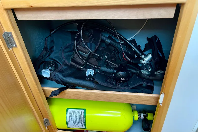  Yacht Photos Pics Scuba diving gear stored in a Seawind 1160, 2008 model cabinet.