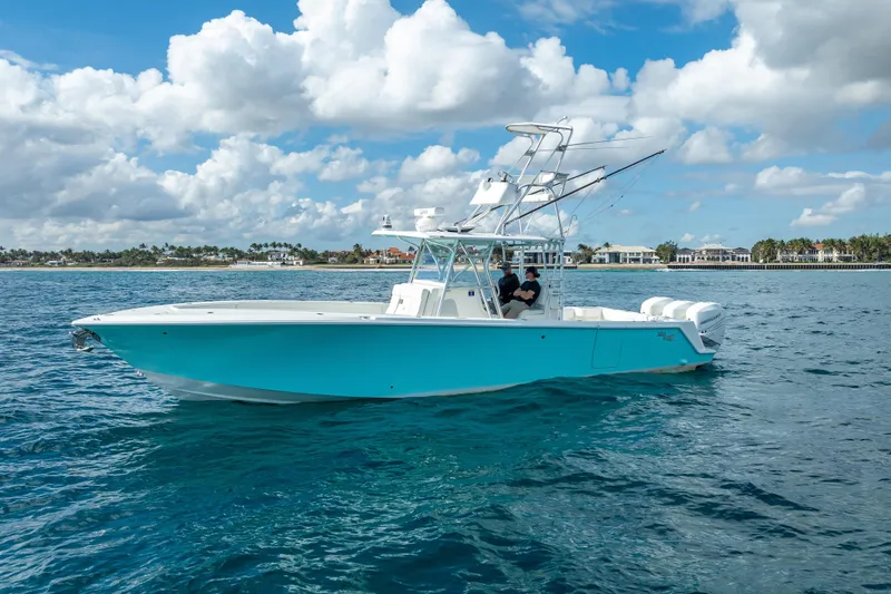  Yacht Photos Pics 2017 SeaVee 370Z boat on open water under a partly cloudy sky.