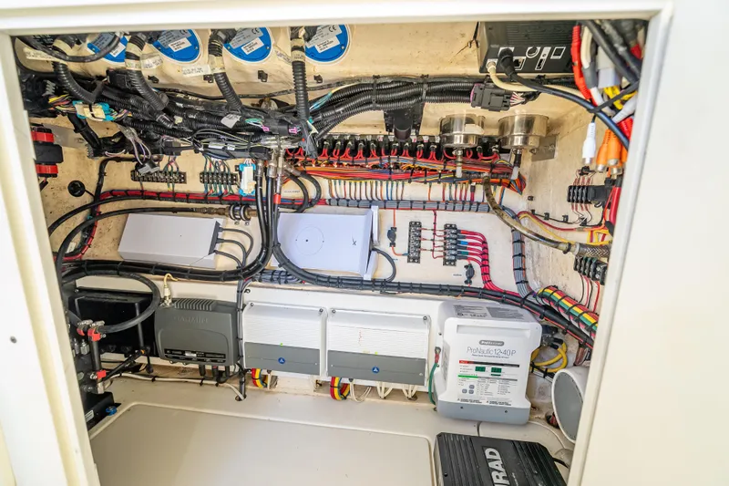  Yacht Photos Pics Electrical system of a 2017 SeaVee 370Z boat, showcasing wiring and components.