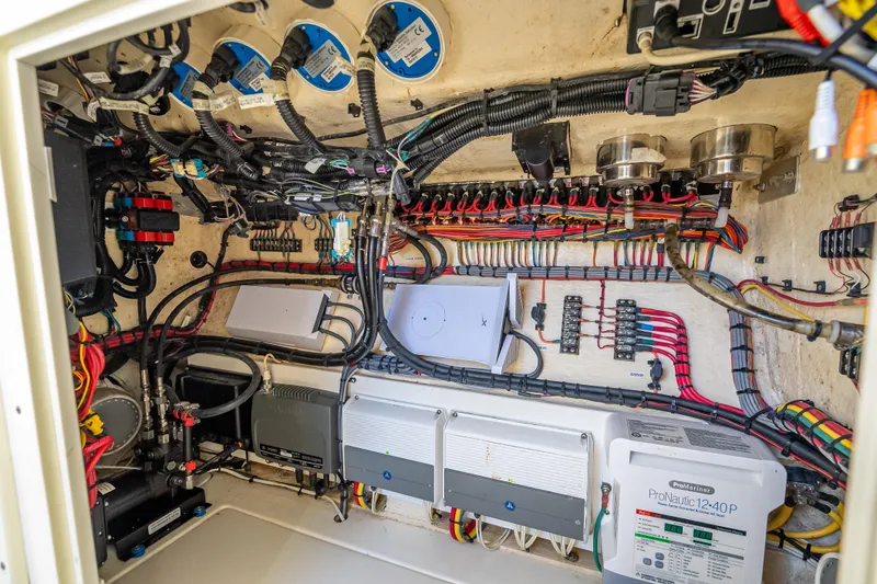  Yacht Photos Pics Electrical system of a 2017 SeaVee 370Z boat, showcasing wiring and components.