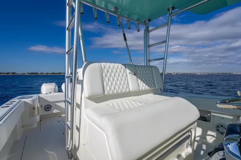  Yacht Photos Pics 2017 SeaVee 370Z boat interior with white seating and ocean view.