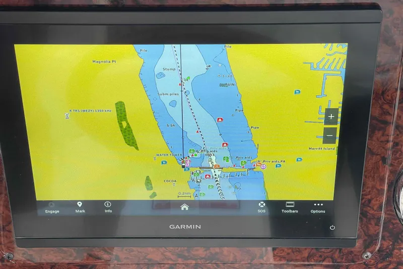 Beira Mar Yacht Photos Pics Garmin navigation display on 2005 Sea Ray 420 Sedan Bridge, showing a detailed marine map.