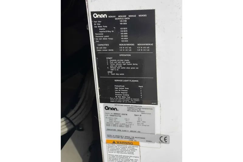 Beira Mar Yacht Photos Pics Onan generator service data label on 2005 Sea Ray 420 Sedan Bridge.
