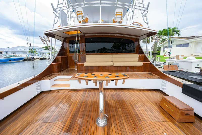 Pescaria Yacht Photos Pics 2009 Rybovich Custom Convertible yacht with teak deck and fishing rod holders.