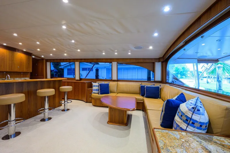 Pescaria Yacht Photos Pics Luxurious interior of 2009 Rybovich Custom Convertible yacht with plush seating and elegant design.