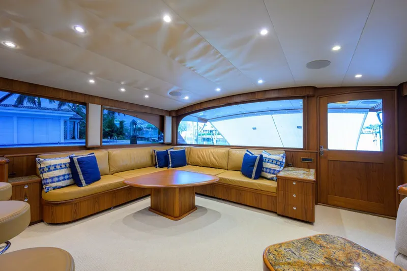 Pescaria Yacht Photos Pics Luxurious interior of 2009 Rybovich Custom Convertible yacht with plush seating and elegant decor.