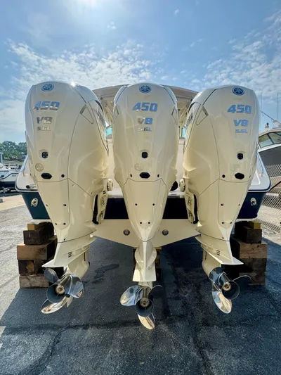  Yacht Photos Pics 2025 Grady-White Freedom 375 with triple 450 V8 engines, rear view.