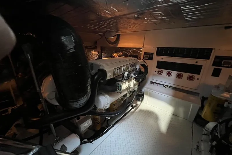 Hi Ho Silver Yacht Photos Pics Engine room of 2011 Rampage 41 Express boat with CAT marine power engine.