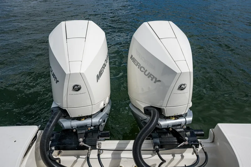  Yacht Photos Pics Twin Mercury outboard engines on a 2023 Boston Whaler 330 Outrage boat.