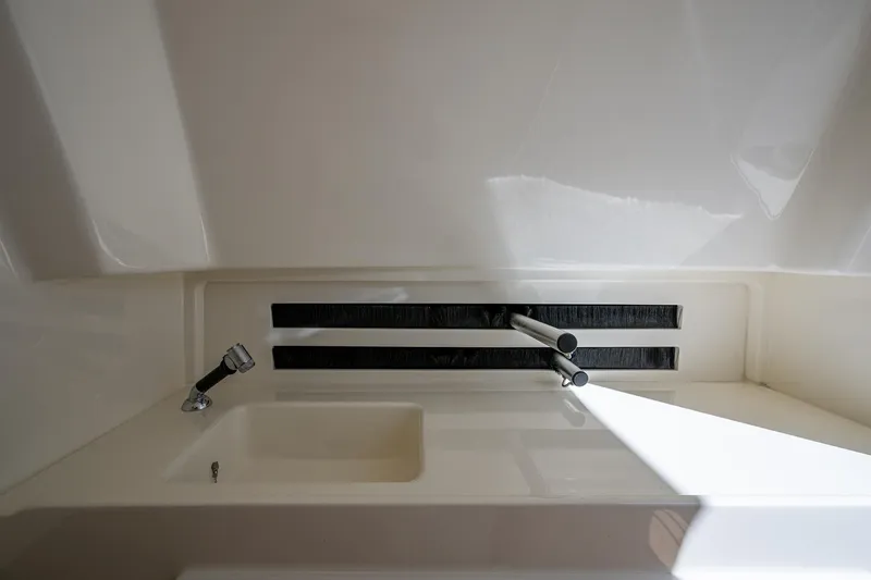  Yacht Photos Pics 2023 Boston Whaler 330 Outrage interior detail with sink and shower fixtures.