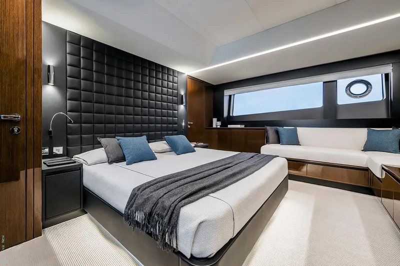  Yacht Photos Pics Manufacturer Provided Image: Luxurious bedroom interior of 2026 Riva 82' Diva yacht with modern design and elegant furnishings.