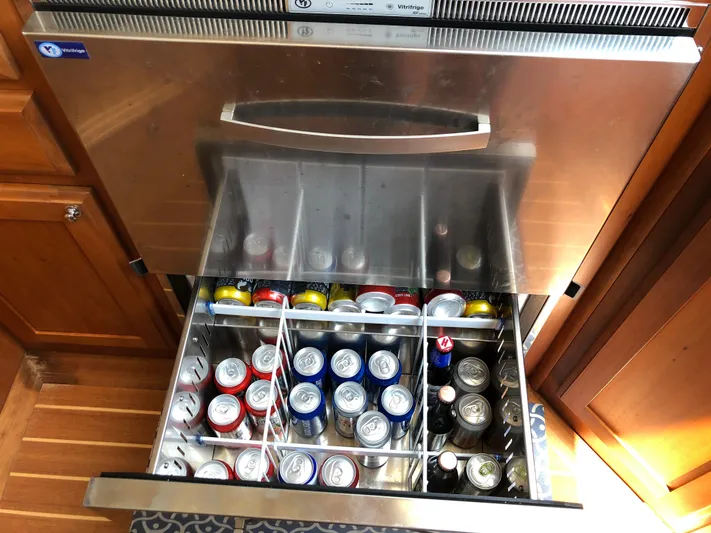  Yacht Photos Pics Drawer fridge stocked with assorted beverages on a 2009 Sabre 40 Sedan yacht.