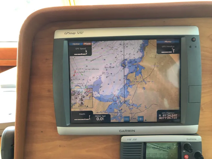  Yacht Photos Pics Garmin GPS display on 2009 Sabre 40 Sedan, showing nautical chart and navigation details.
