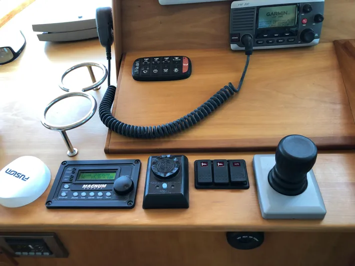  Yacht Photos Pics Control panel of a 2009 Sabre 40 Sedan boat with communication and navigation equipment.