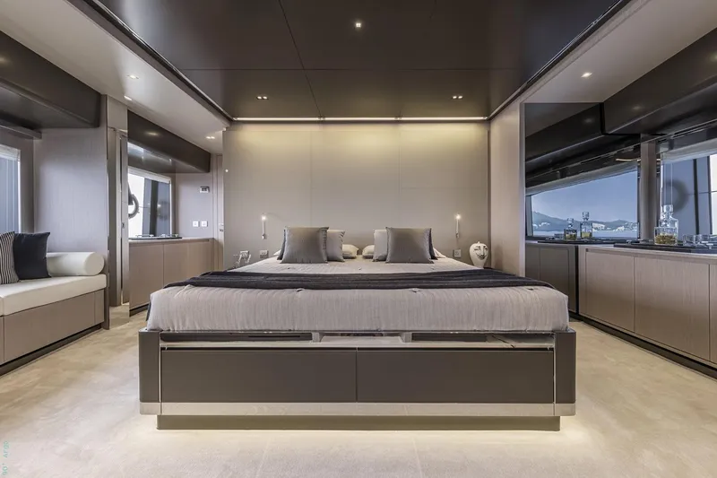 Riva Argo 90 Yacht Photos Pics Manufacturer Provided Image: Luxurious bedroom interior on 2026 Riva 90' Argo yacht, featuring modern design and elegant furnishings.