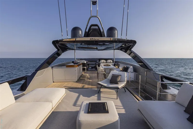 Riva Argo 90 Yacht Photos Pics Manufacturer Provided Image: Luxurious 2026 Riva 90' Argo yacht with elegant outdoor seating and ocean view.