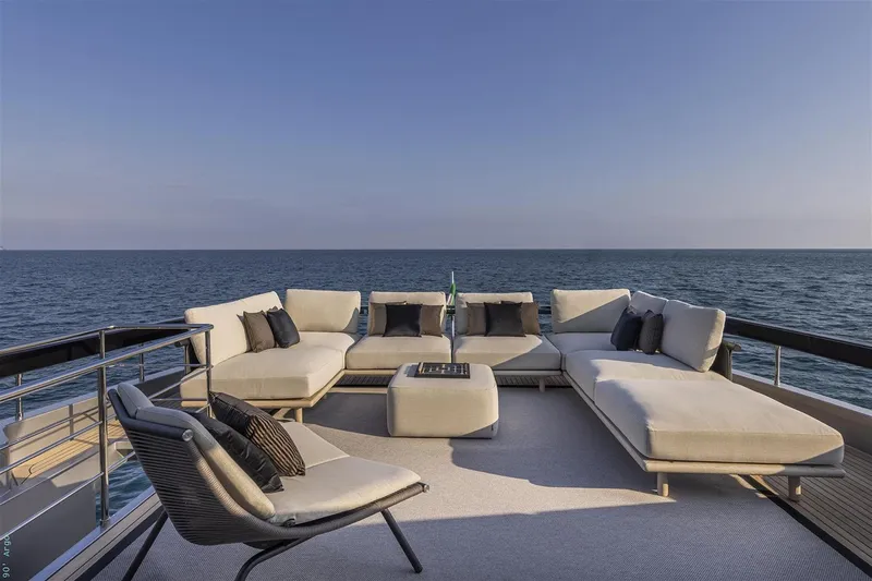 Riva Argo 90 Yacht Photos Pics Manufacturer Provided Image: Luxurious deck of 2026 Riva 90' Argo yacht with elegant seating and ocean view.